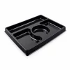 Empty black dipping platter with four surrounding food sections and a central circular pot recess