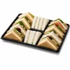 Black four compartment sandwich platter base filled with triangular sandwiches