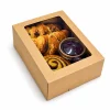 Small hinged kraft window platter box filled with pastries and a portion pot