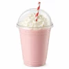 Clear domed cup lid with a straw over a topped pink milkshake