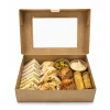 Open medium hinged kraft window platter box containing sandwiches and a portion pot