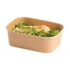 Rectangular kraft deli bowl containing a mixed salad