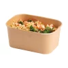Rectangular brown kraft deli bowl filled with pasta and vegetables