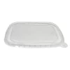 Clear rectangular polypropylene deli bowl lid with rounded corners and a clip-on rim